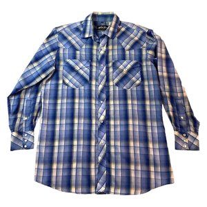 Mens Pearl Snap Western Blue Plaid XL Long Sleeve White Horse